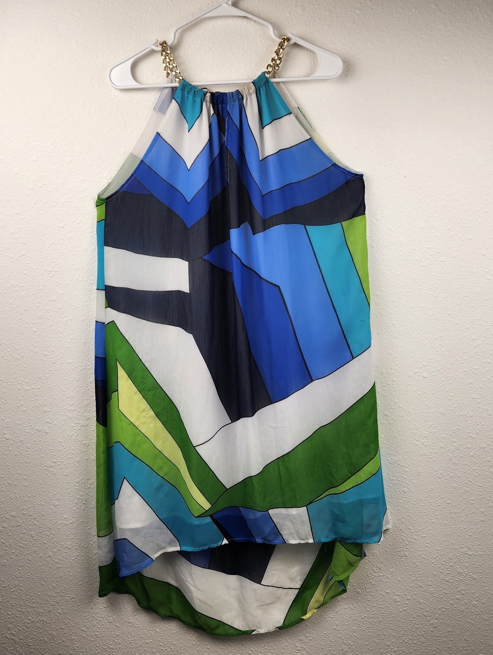 Venus Chain Strap Geometric Halter Dress Blue Green High Low Beach Cover-up XL